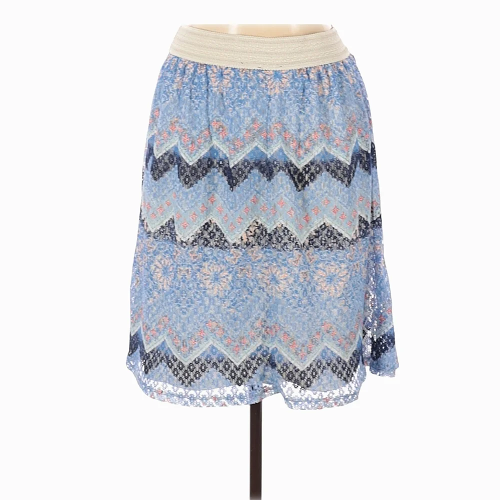 GNW A-line Skirt Size L Blue Ivory Chevron Herringbone Pattern Boho Knee‎ Length
